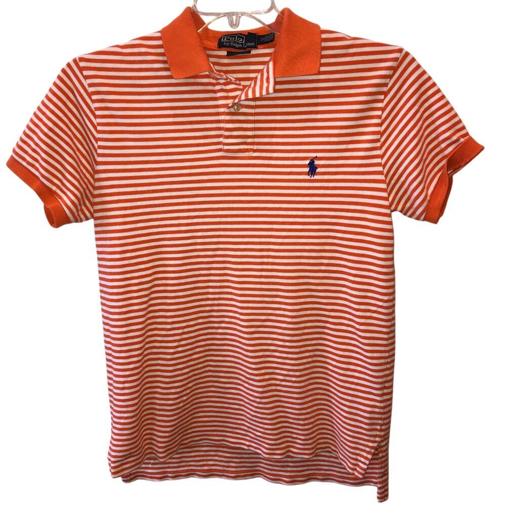 Polo Ralph Lauren Mens Medium White Orange Striped Custom Fit Polo Shirt Size M